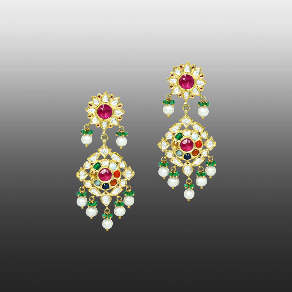 Navaratan Earrings with Polki Diamonds, Pearls, and Emerald Beads
